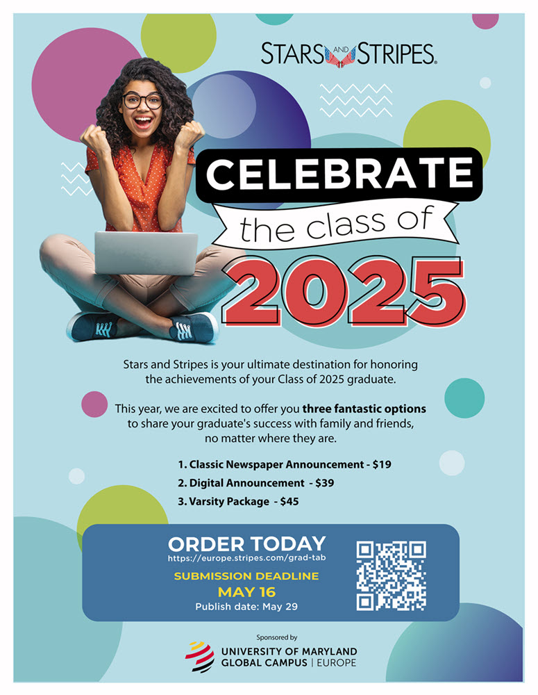 A promotional flyer from Stars and Stripes celebrating the Class of 2025. The flyer features a young woman with curly hair, glasses, and a red polka-dot shirt, sitting cross-legged with a laptop on her lap, smiling excitedly. The background is light blue with colorful circles. The main text reads, "Celebrate the Class of 2025." The flyer mentions three announcement options: Classic Newspaper Announcement ($19), Digital Announcement ($39), and Varsity Package ($45).