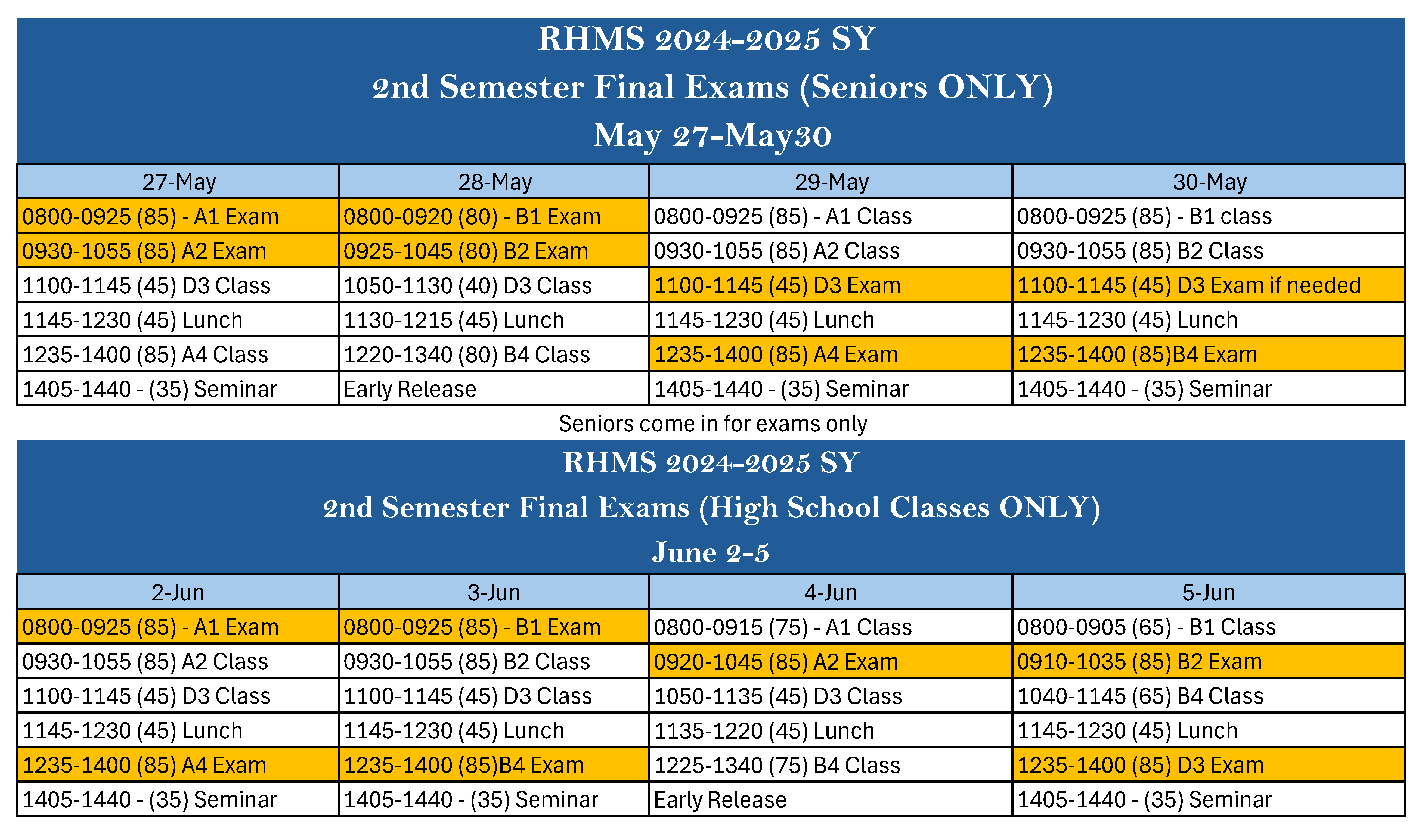 RMHS Final Exam Schedule 2025